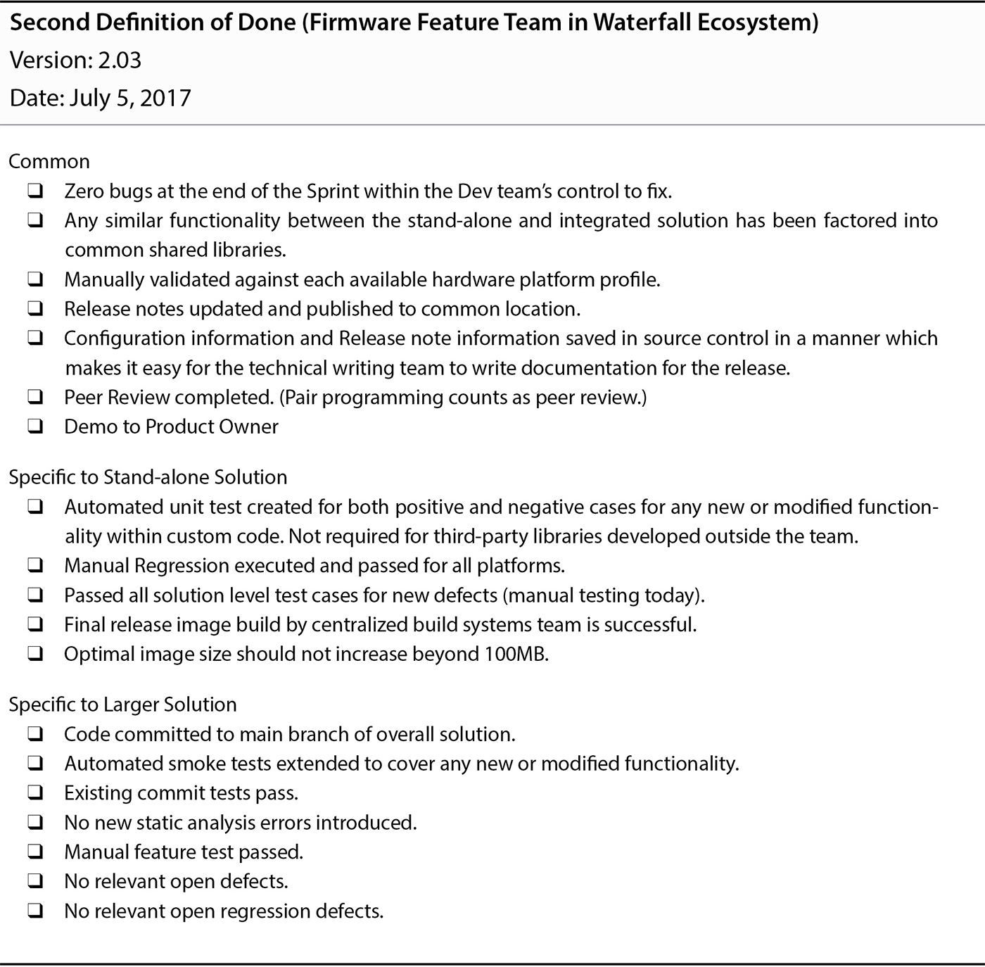 Diagnostics Definition of Done After Several Sprints